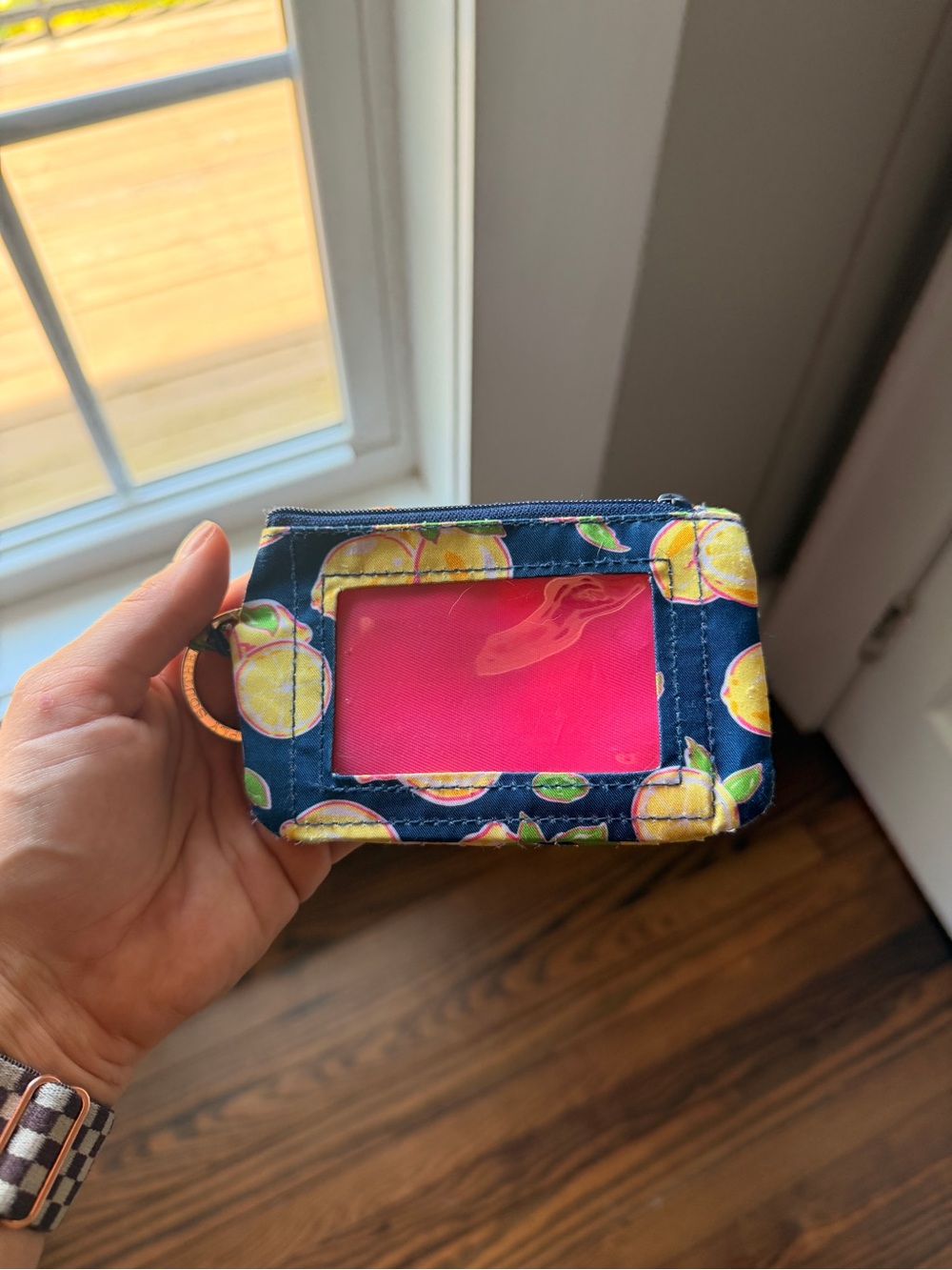 Vera Bradley Navy Lemon Print ID Wallet with Pink Interior